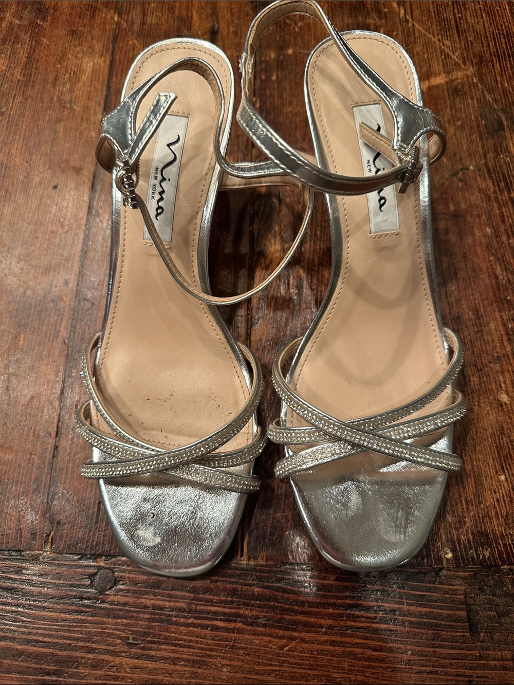 Nina Metallic Silver Crisscross Strappy Heels
